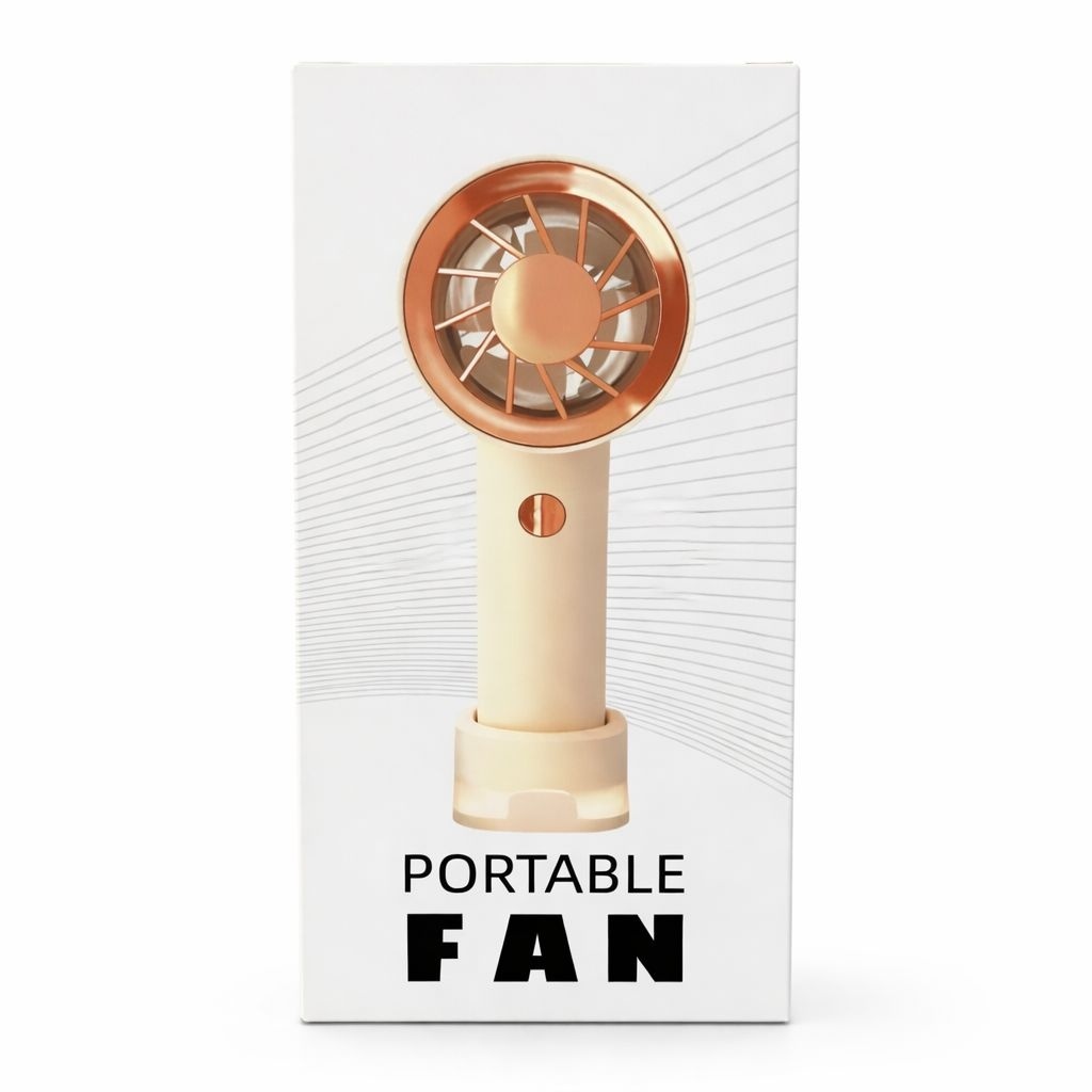 Ventilator portabil elegant, 3 viteze, USB-C, cu snur si suport inclus, crem cu auriu 2
