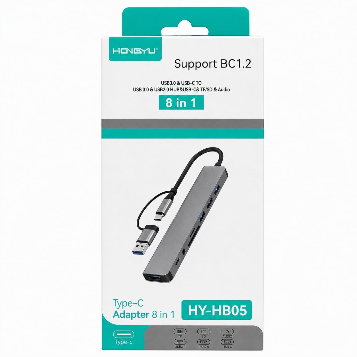 Adaptor USB Type-C 8 în 1 HY-HB05 – Hub USB-C cu USB 3.0, Cititor Card TF/SD și Jack Audio