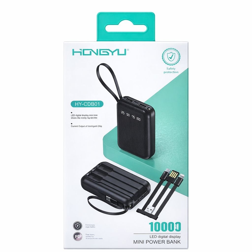 Baterie externă mini Hongyu 10000 mAh cu display LED, cabluri integrate și încărcare rapidă