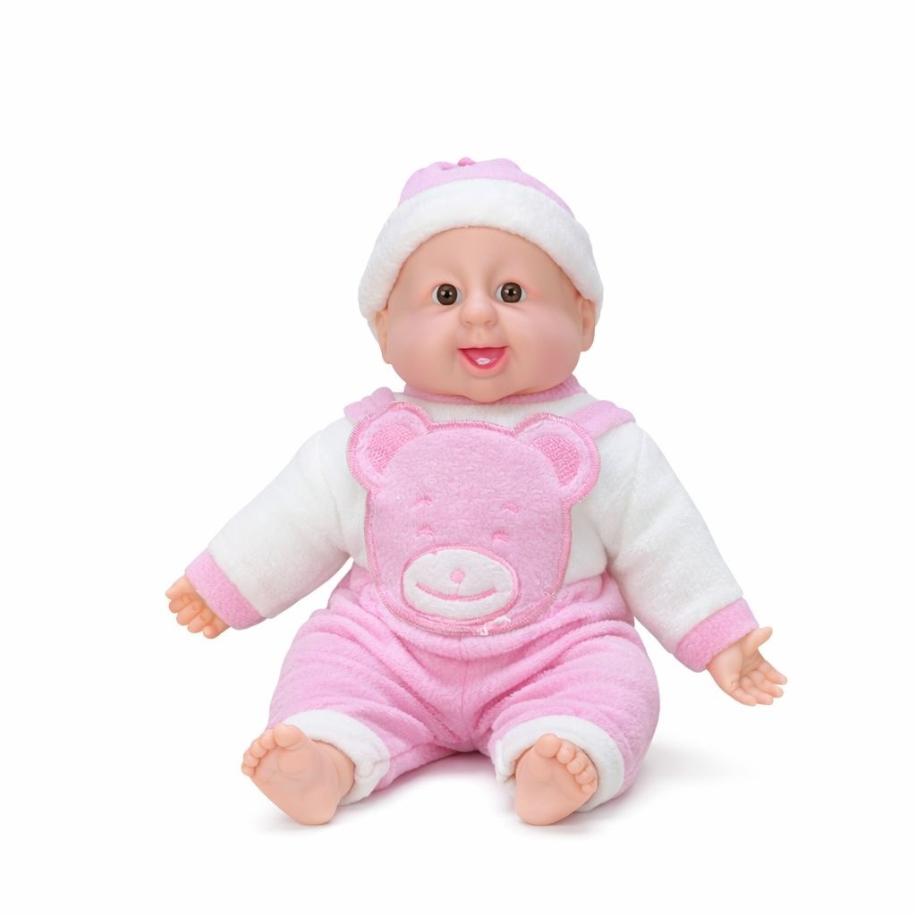 Bebelus adorabil interactiv 45 cm, rade, costum roz cu ursulet, +3 ani 3