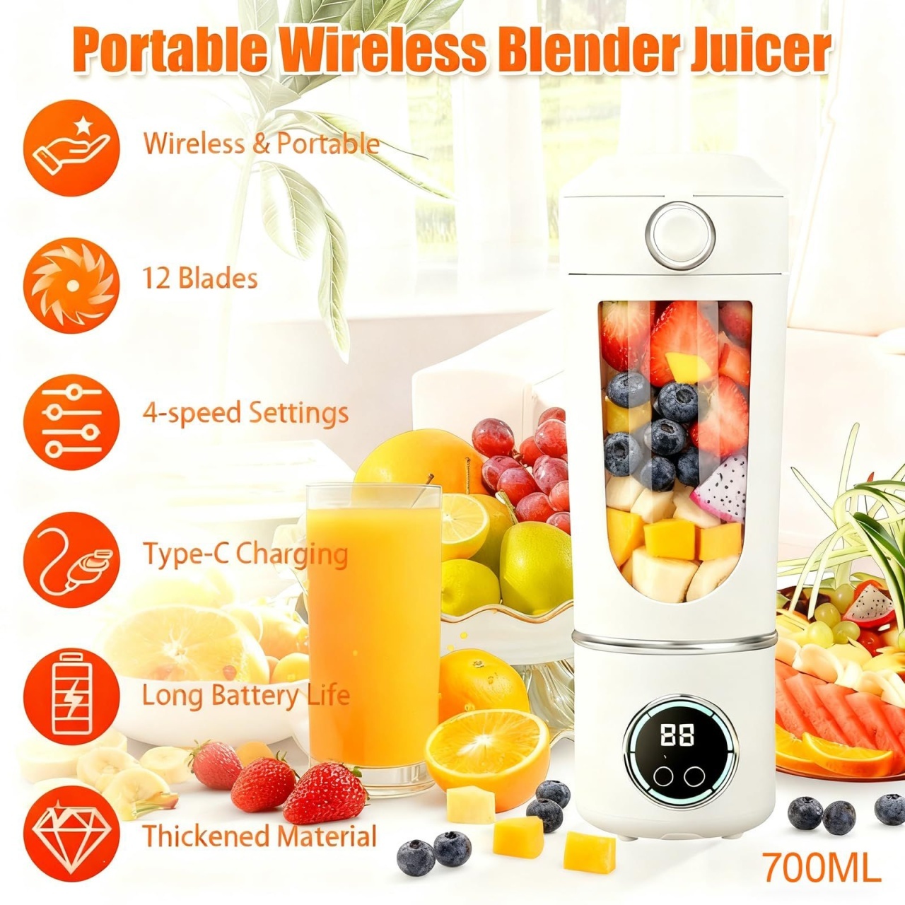 Blender portabil wireless 700ml cu 12 lame, 4 viteze si incarcare USB Type-C, alb 4