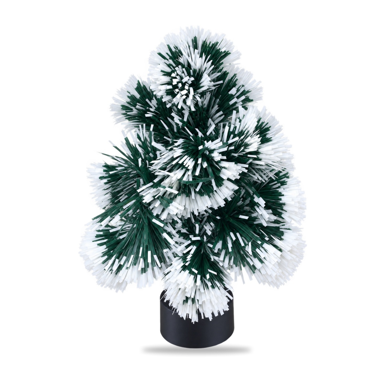 Brad decorativ de Crăciun artificial, cu lumini, verde cu alb, suport negru, 30x10cm