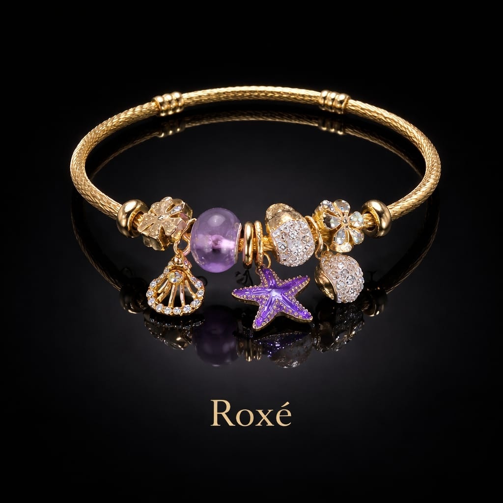 Bratara dama ROXE aurie cu charmuri marine stea de mare si scoica, eleganta 5