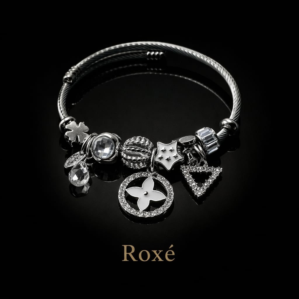 Bratara ROXE argintie cu charmuri elegante si cristale culori mixte 4