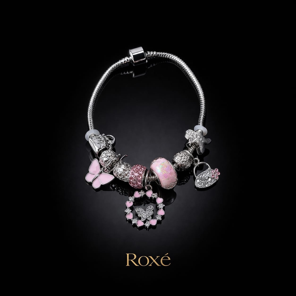Bratara ROXE argintie cu fluture si posetuta charmuri elegante dama 4