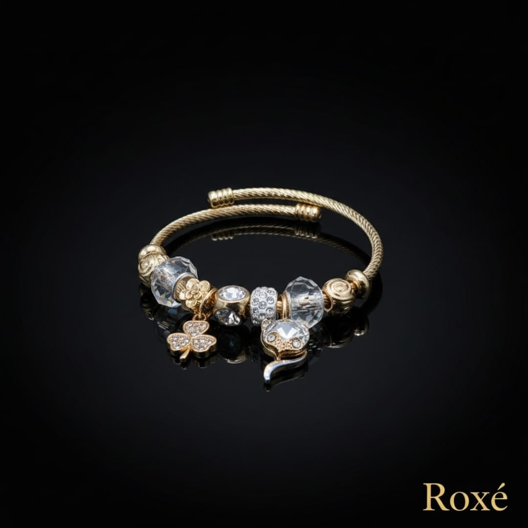 Bratara ROXE aurie cu pisicuta si trifoi charmuri elegante dama cadou stil modern 5