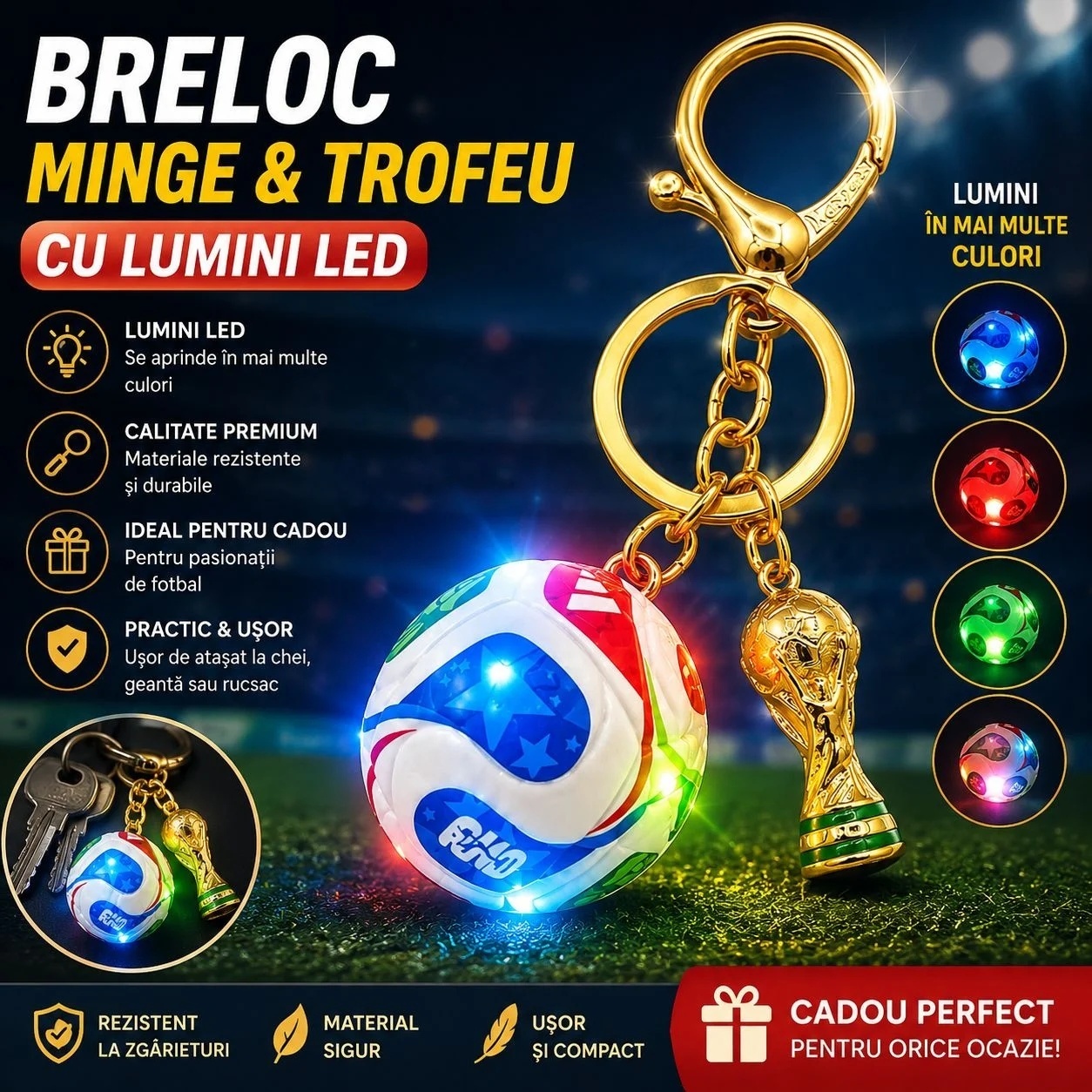 Breloc Minge de Fotbal cu Lumini LED Multicolore și Trofeu, Baterii Incluse, Accesoriu pentru Chei 3