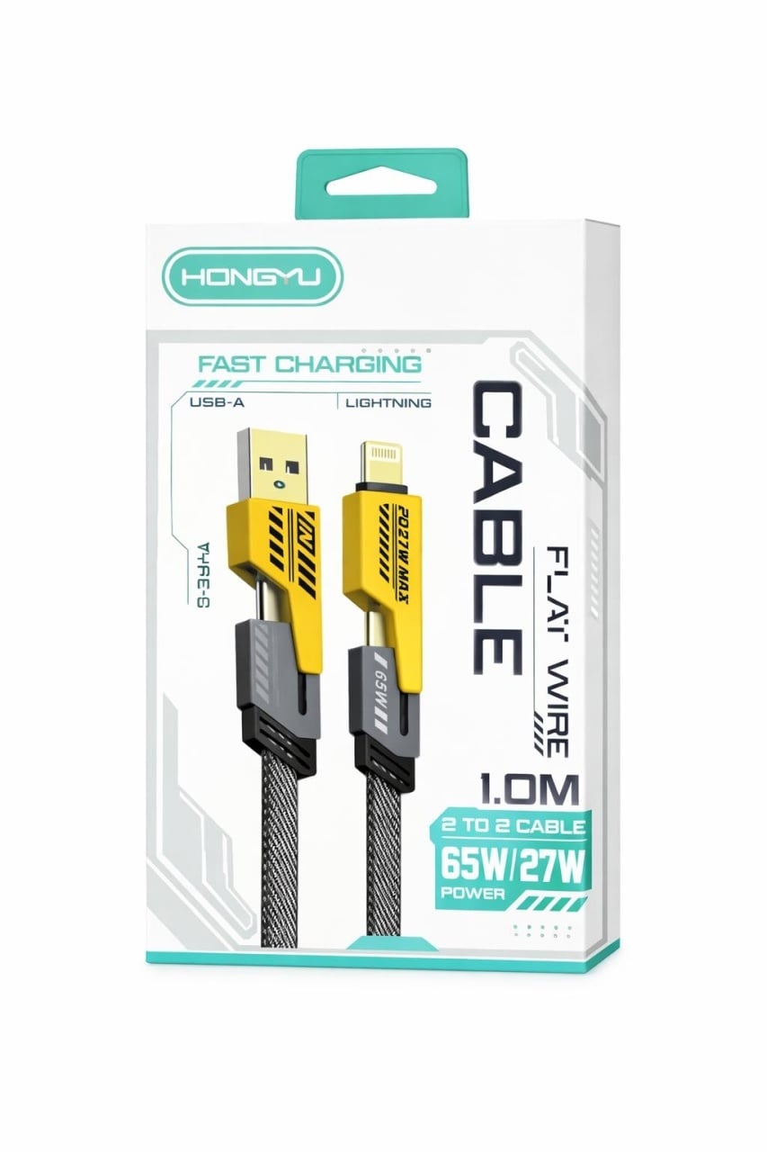 Cablu de încărcare rapidă Hongyu Flat Wire, USB-A la Lightning, 65W / 27W, 1 m, negru cu galben