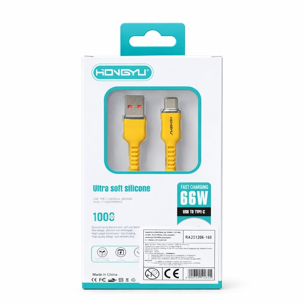 Cablu de încărcare rapidă și date USB Type-C Hongyu HY-CB04, silicon ultra moale, 66W, 1m, Galben 2