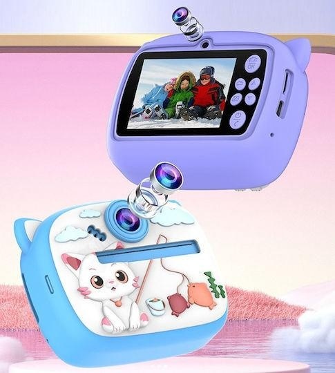Camera foto instant pentru copii cu printare, design pisica roz, reincarcabila USB 3