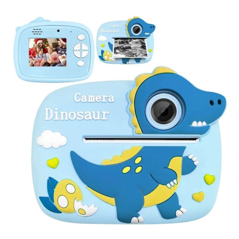 Camera Foto Instant pentru Copii cu Printare, Model Dinozaur Albastru, HD, Rola Hartie Inclusa
