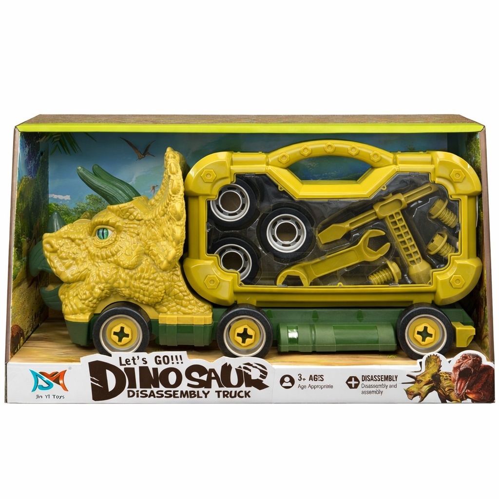 Camion dinozaur demontabil cu scule, jucarie constructie copii, 44x23 cm, model Triceratops