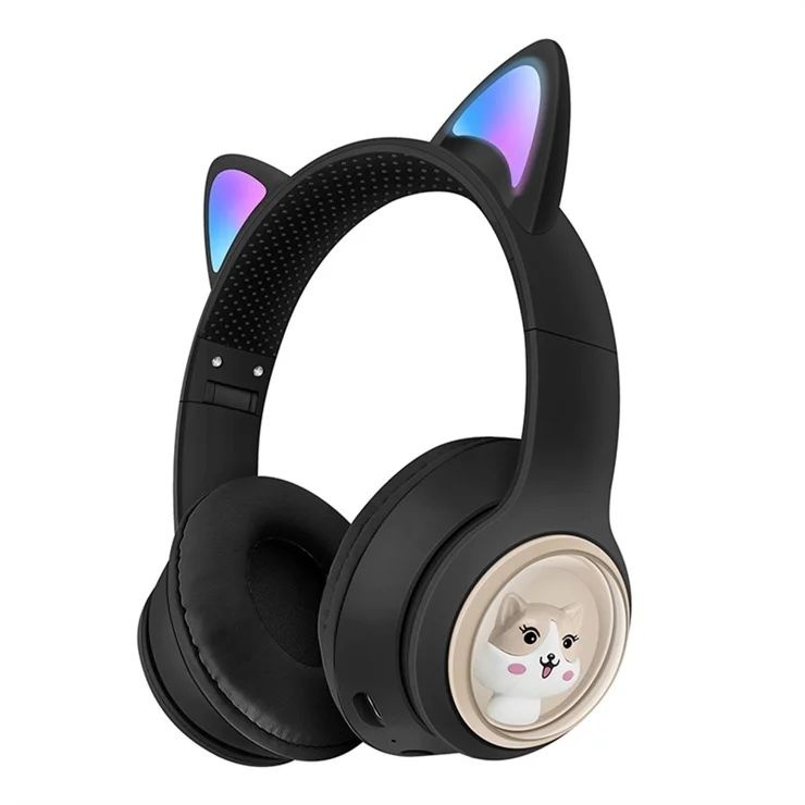 Casti wireless Bluetooth cu urechi de pisica LED, pliabile, pentru copii si adulti, negre