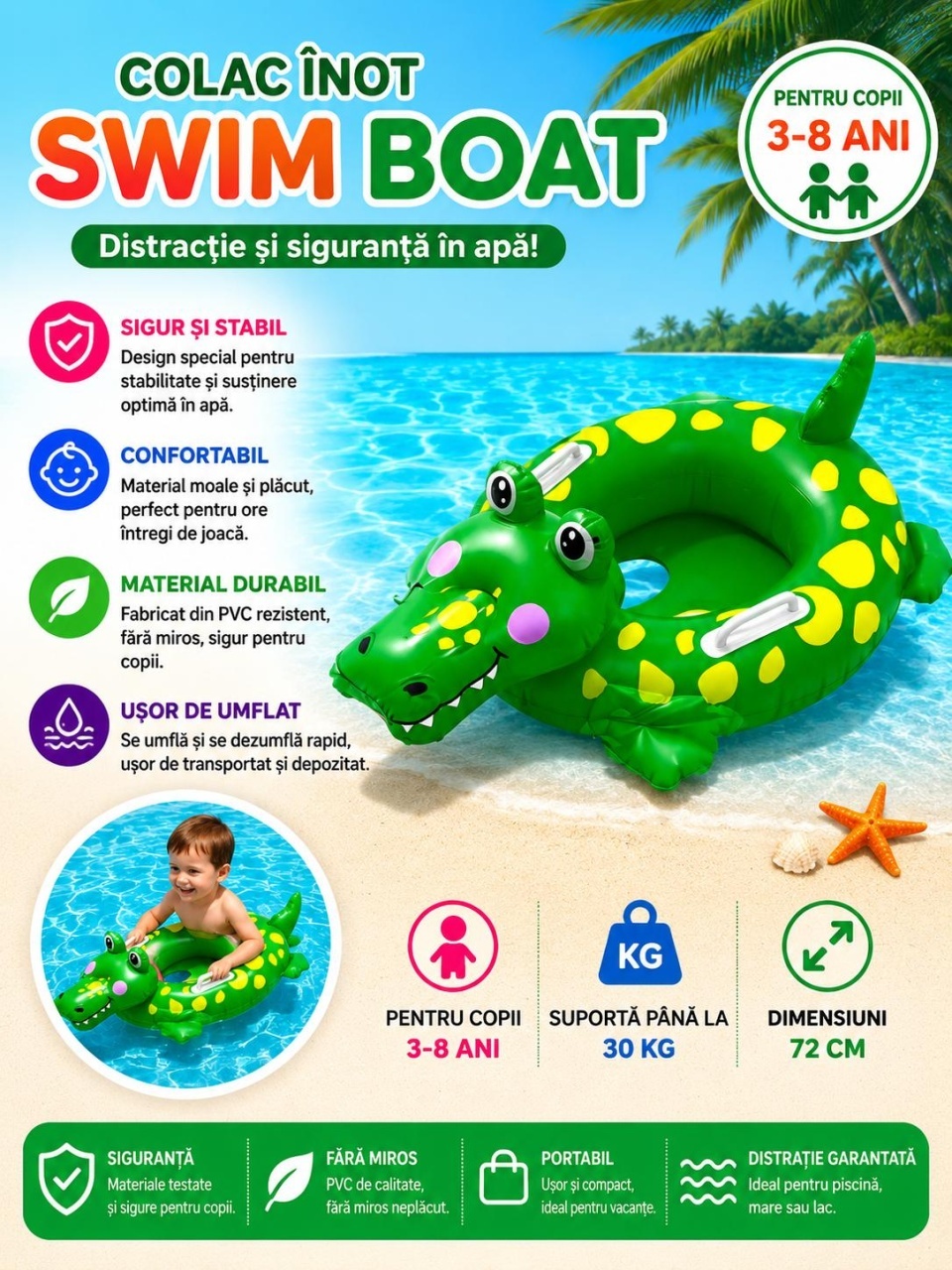 Colac gonflabil copii crocodil 72 cm pentru piscina si plaja, model vesel verde 2