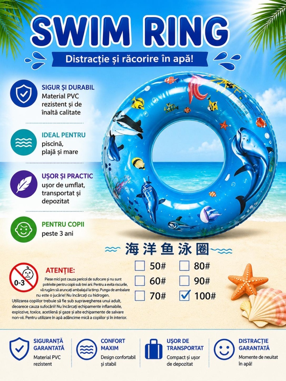 Colac gonflabil copii cu delfini, 100 cm, albastru, pentru piscina si mare 2
