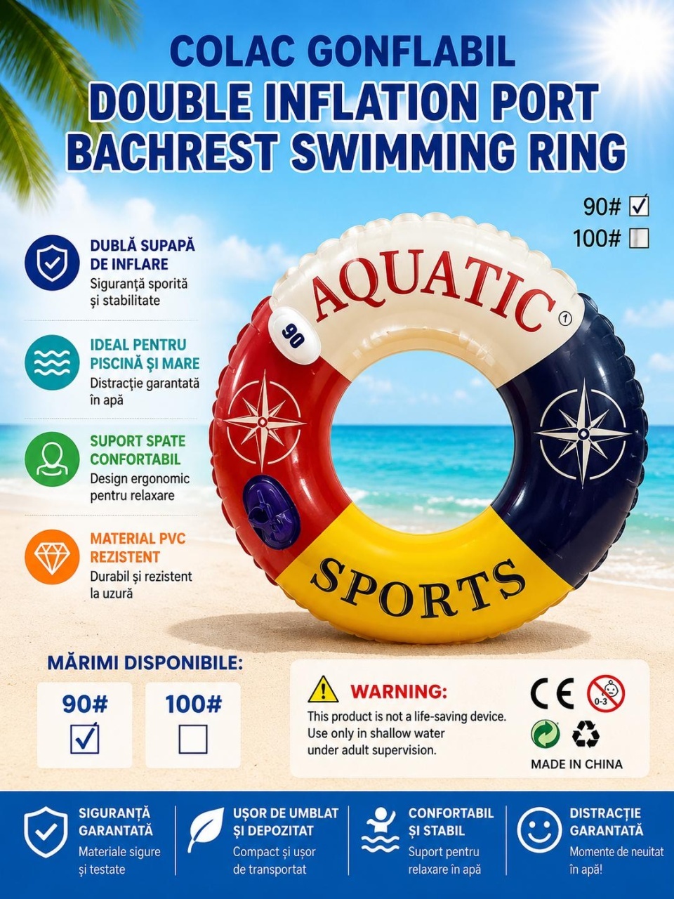 Colac gonflabil cu spătar, Double Inflation Port Aquatic Sports, 90 cm, pentru piscină și mare 2