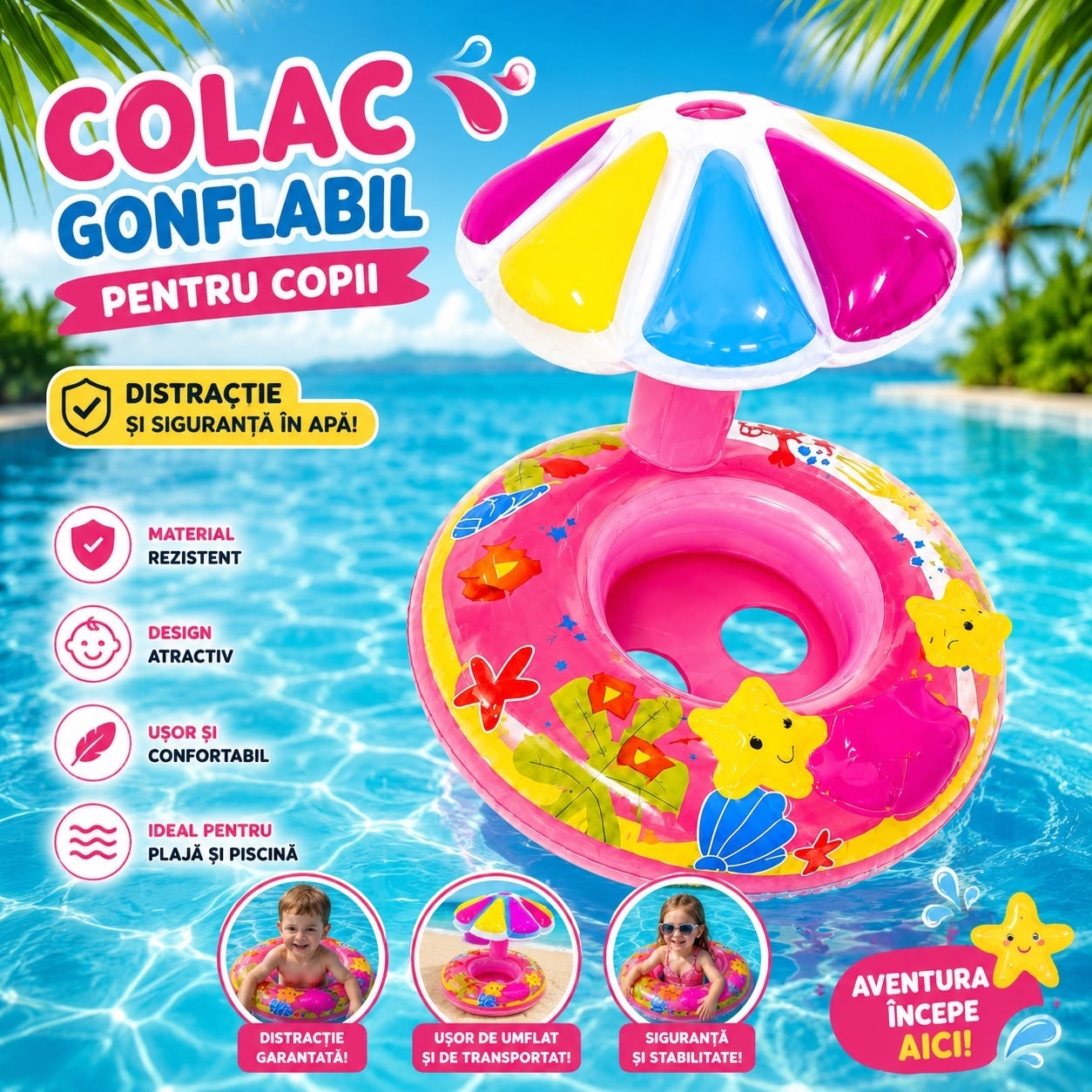Colac Gonflabil pentru Bebeluși cu Parasolar – Roz, Model Marin, pentru Piscină și Plajă 2