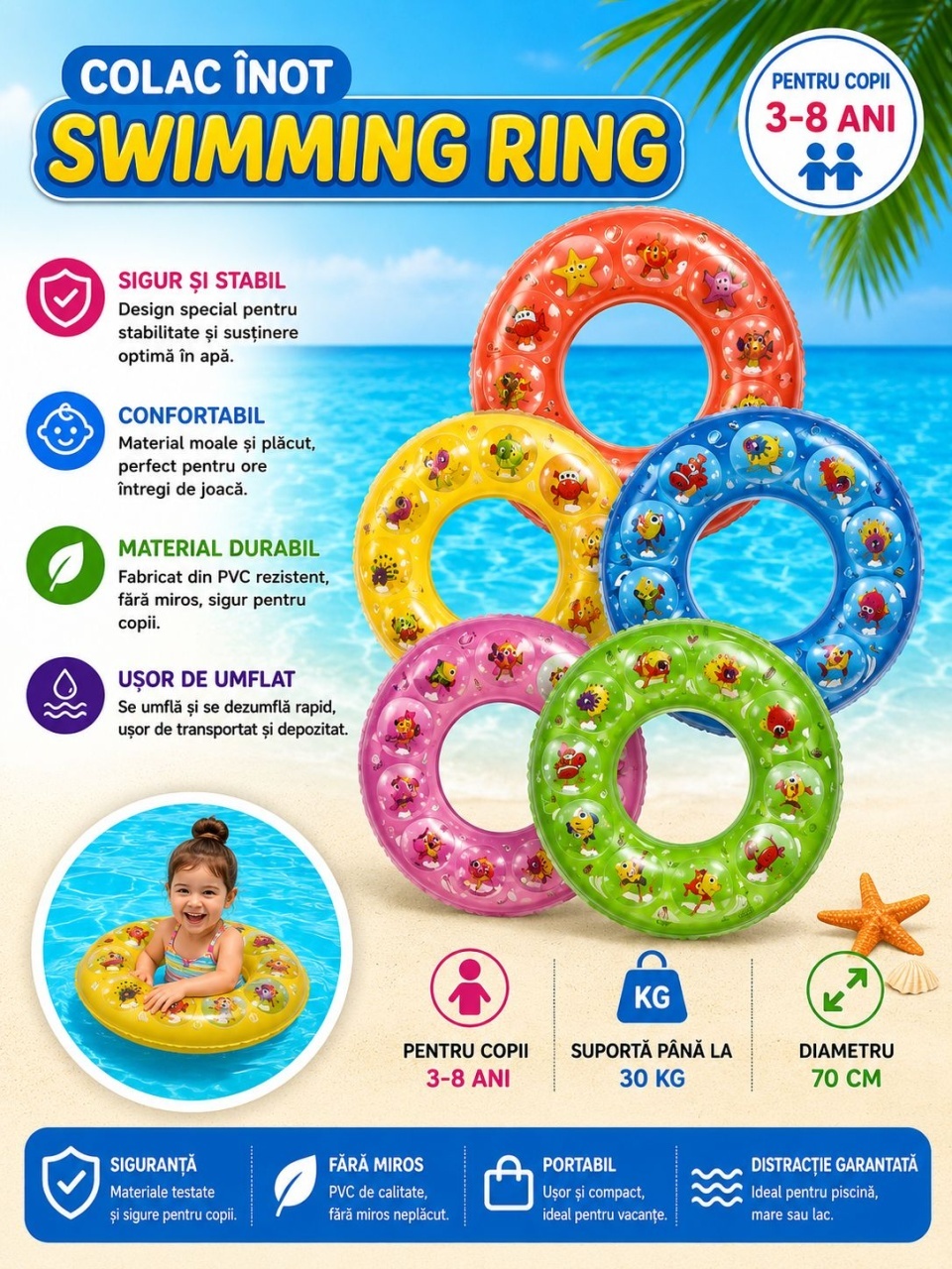 Colac Gonflabil pentru Copii 60 cm – Model Roz cu Animăluțe Marine 2