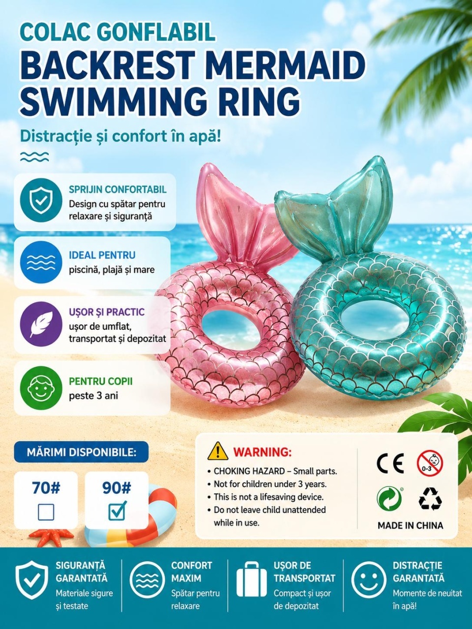 Colac gonflabil sirena roz pentru copii, 90 cm, cu spatar tip coada de sirena, ideal pentru piscina si mare 2