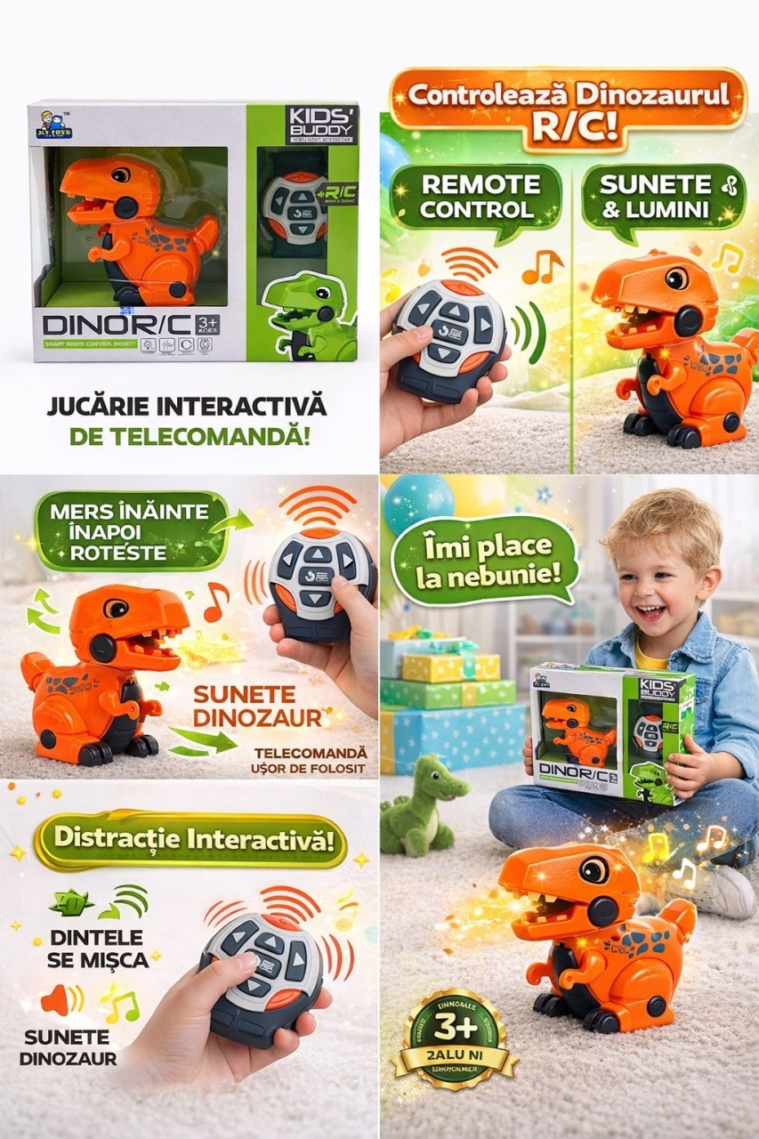 Dinozaur interactiv cu telecomanda R/C, sunete si lumini, miscare automata, portocaliu 3