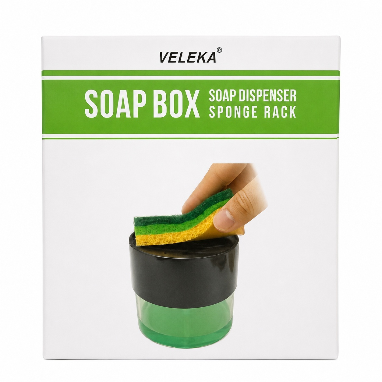 Dozator Sapun Bucatarie cu Burete Inclus, Recipient Detergent Vase, Dispenser Manual pentru Chiuveta, 13x12 cm, Verde 2