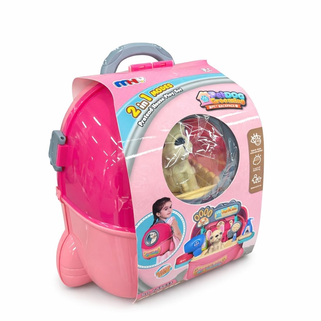 Ghiozdan jucarie 2 in 1, salon ingrijire animale cu catel, 32.6cm