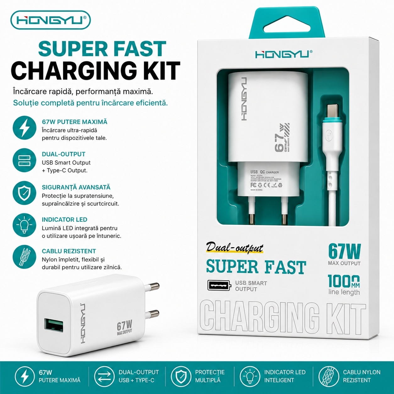 Încărcător Telefon Rapid 67W cu USB și USB-C, Dual Output, Cablu Inclus – Super Fast Charging Kit 2