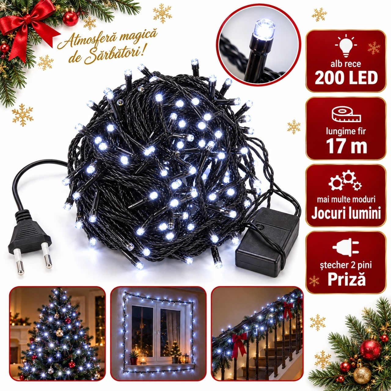 Instalatie de Craciun Liniara, 17 m, 200 LED-uri, Alb Rece, Fir Negru, Multiple Jocuri de Lumini