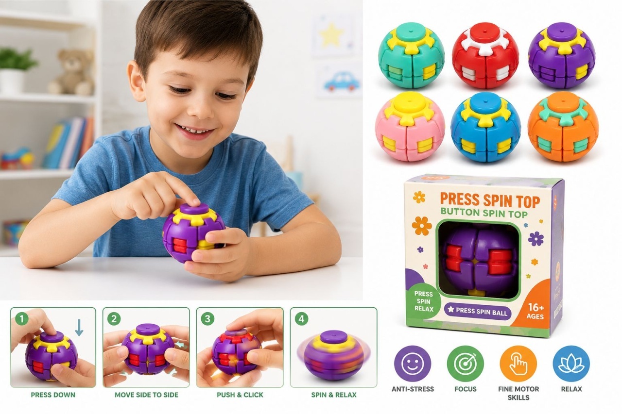 Jucărie Antistres Press Spin Top – Minge Fidget Rotativă pentru Relaxare, Focus și Dexteritate 4