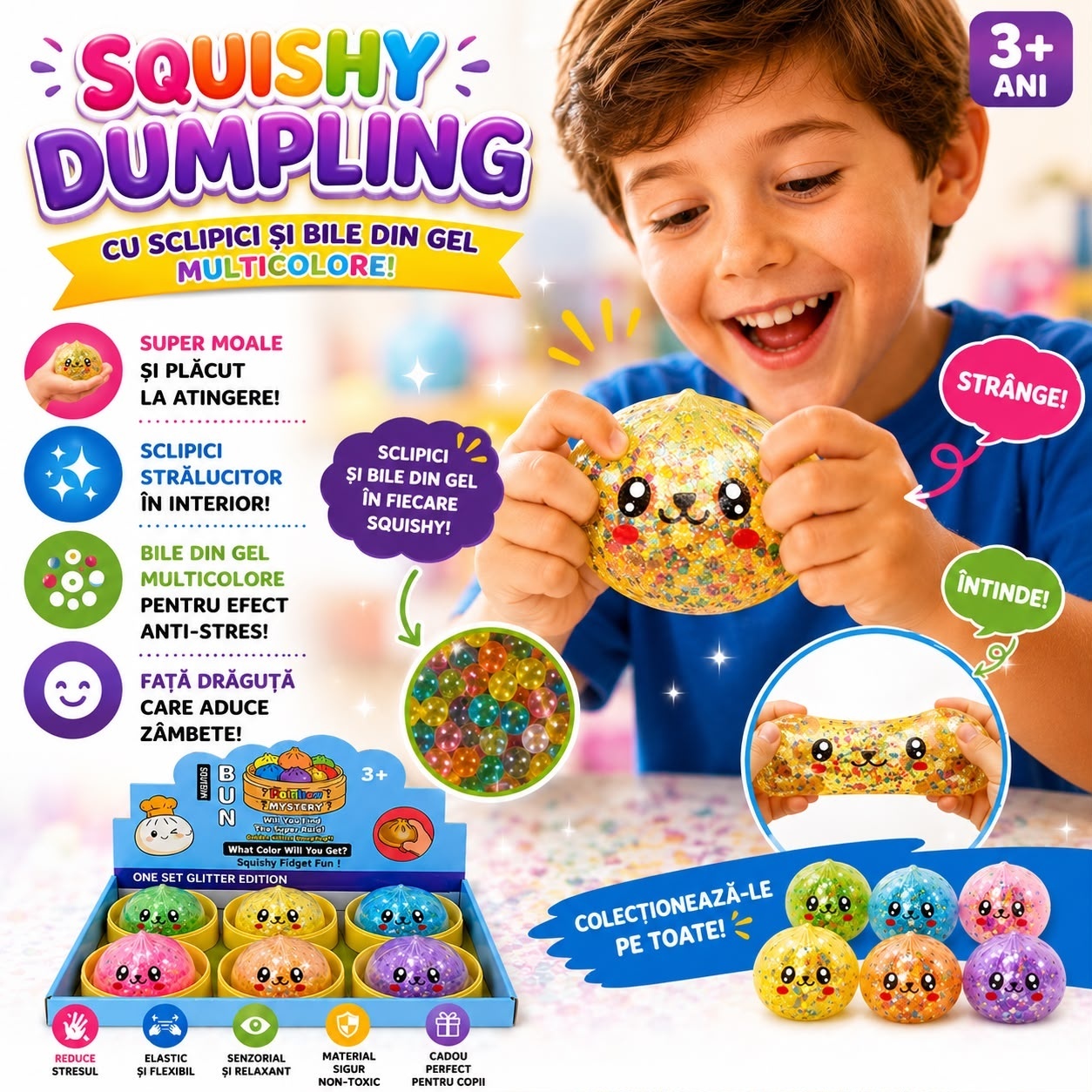Jucărie Antistres Squishy Dumpling 8.5 cm cu Bile din Gel Multicolore mari, Sclipici– Moale, Elastică 3