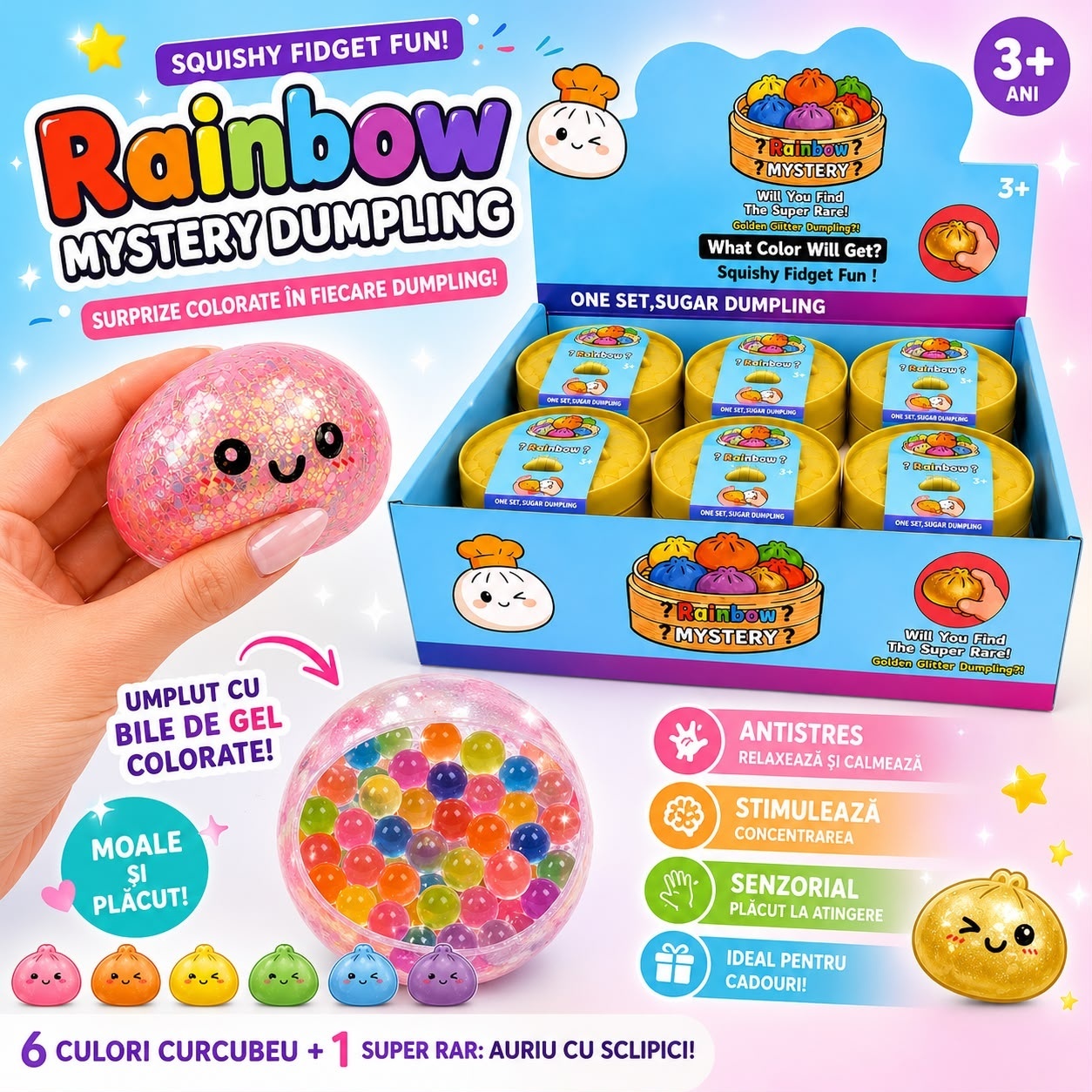 Jucărie Antistres Squishy Dumpling 8,5cm cu Sclipici și Bile din Gel Multicolore, 3