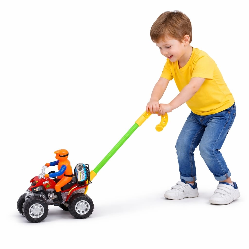 Jucarie de impins ATV cu figurina si roti mari, model interactiv copii 2