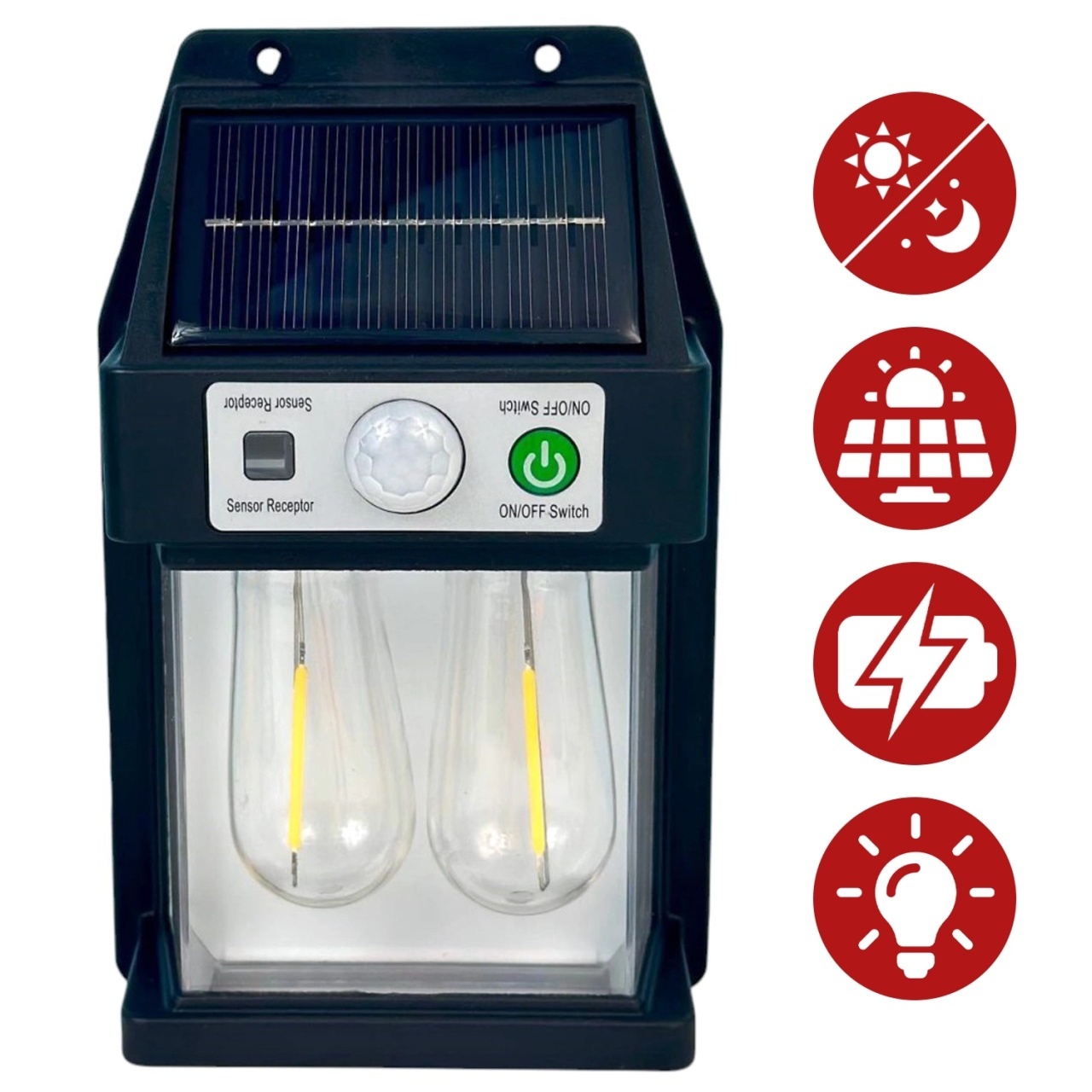 Lampă solară de perete VX, neagră, plastic, cu senzor de mișcare și panou solar eficient, 3W