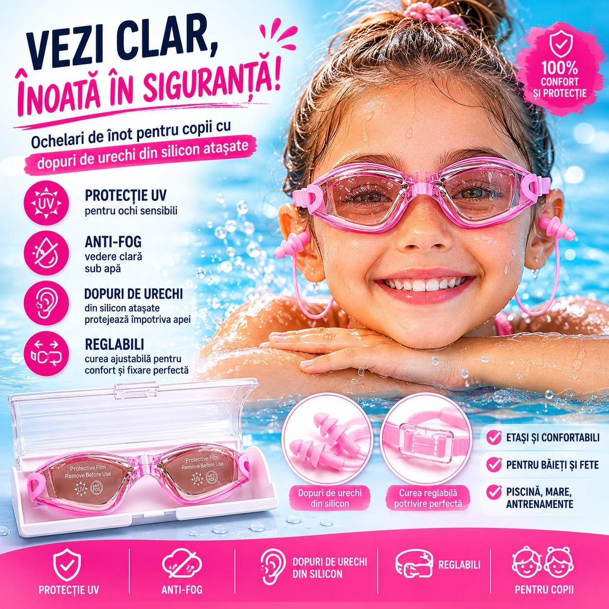 Ochelari de inot copii roz reglabili cu dopuri de urechi silicon anti-fog UV 2