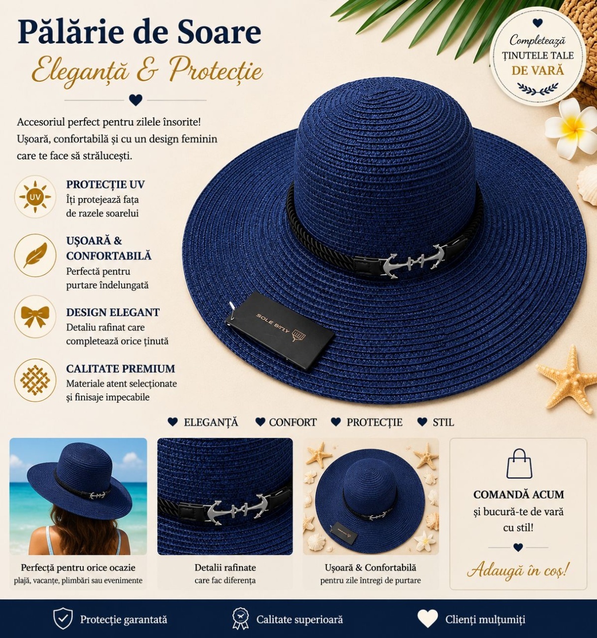 Palarie de Soare pentru Femei Bleumarin cu Detaliu Ancora – Model Elegant de Vara 2