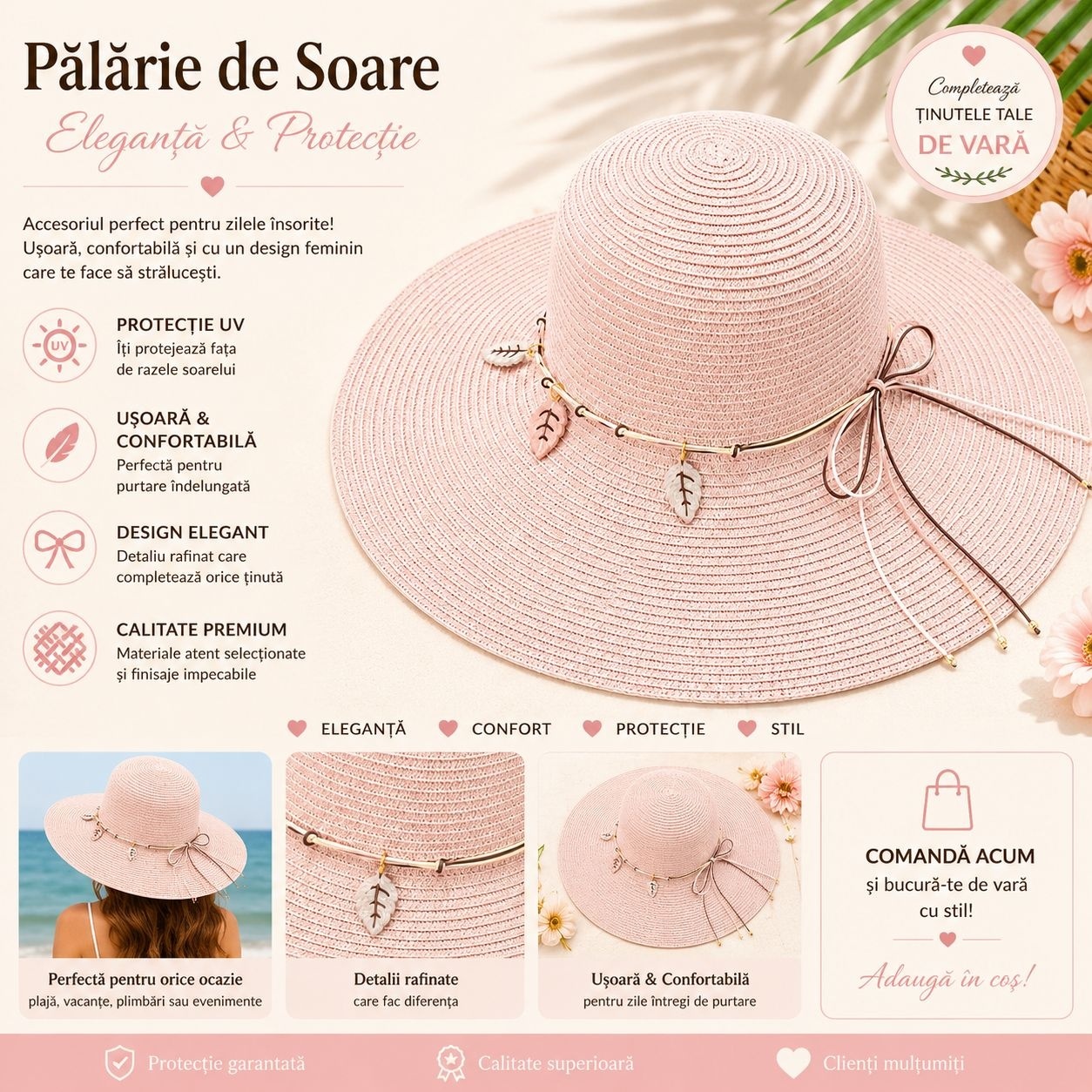 Palarie de Soare pentru Femei, Roz Pastel, cu Frunze si Fundita, Boruri Largi, Eleganta si Confortabila 2