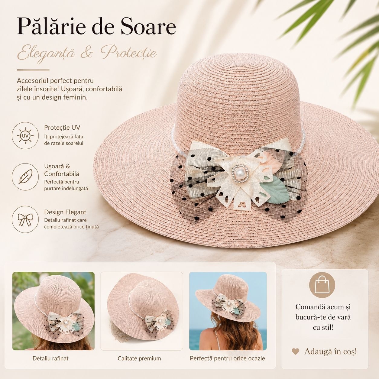 Palarie de Soare pentru Femei, Roz Pudrat, cu Funda Eleganta 2
