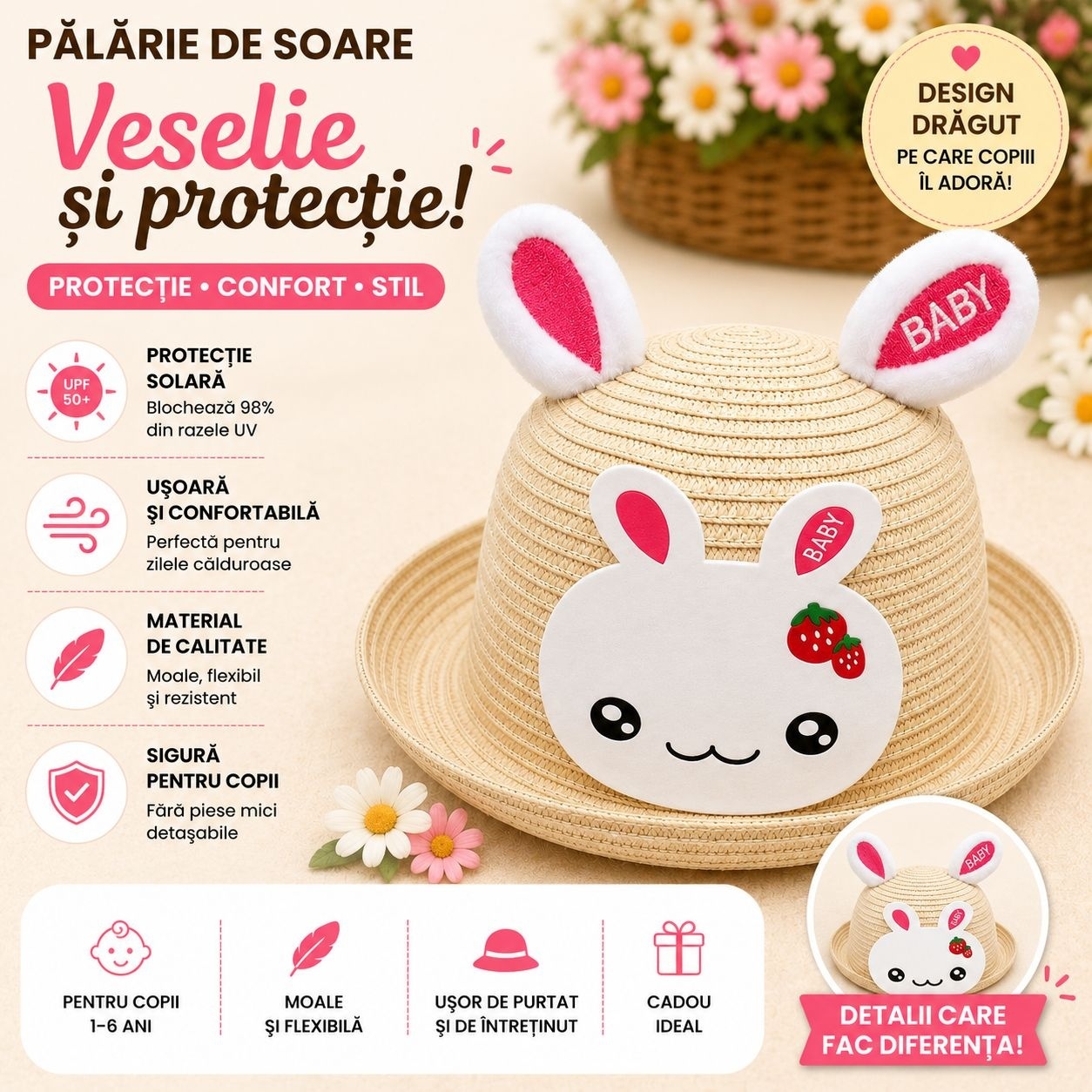 Palarie de Vara Crem cu Iepuras Roz pentru Copii, Protectie UV si Design Adorabil 2