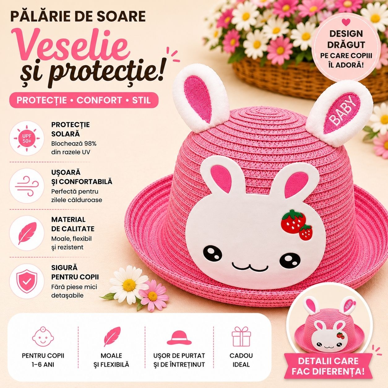 Palarie de Vara Roz Intens cu Iepuras pentru Copii, Protectie UV si Design Dragut 2