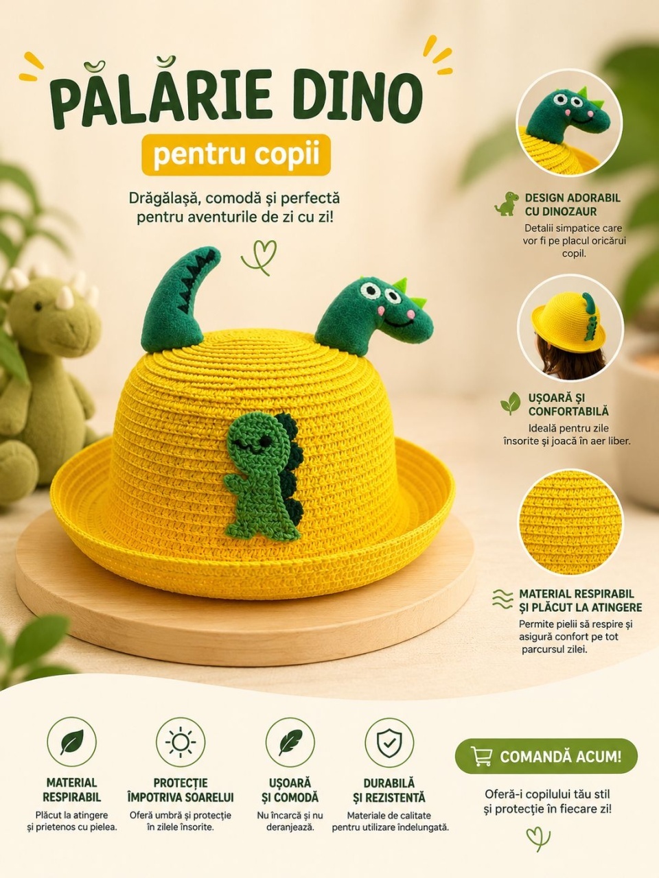 Palarie galbena pentru copii cu model dinozaur decorativ, usoara si confortabila 2