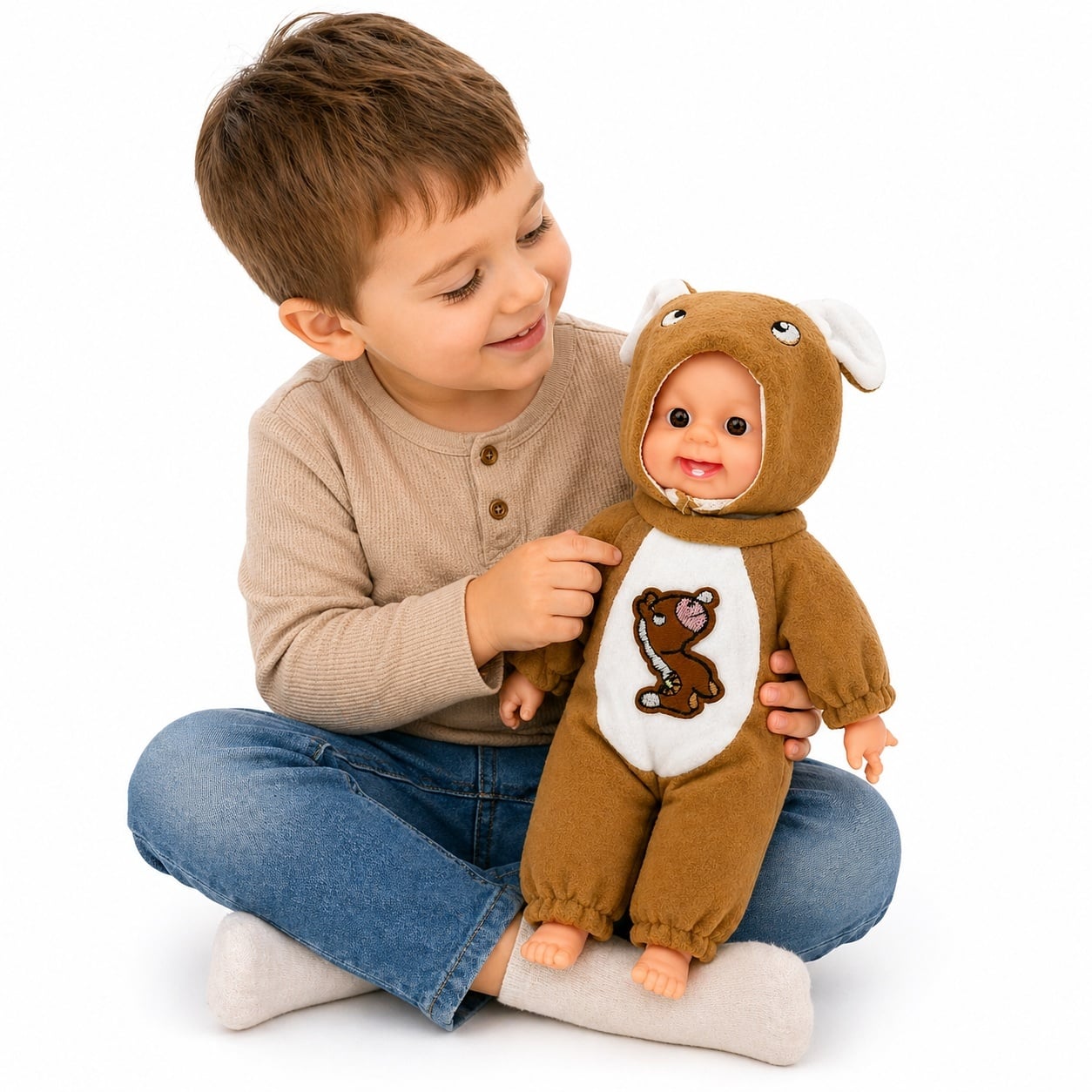 Papusa bebelus 35cm care rade, costum maro cu gluga, jucarie copii 2