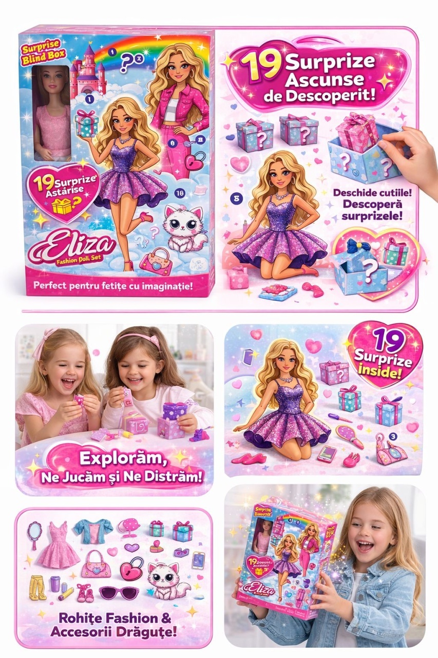 Papusa cu 19 surprize si accesorii fashion, set cadou interactiv, model Eliza 2