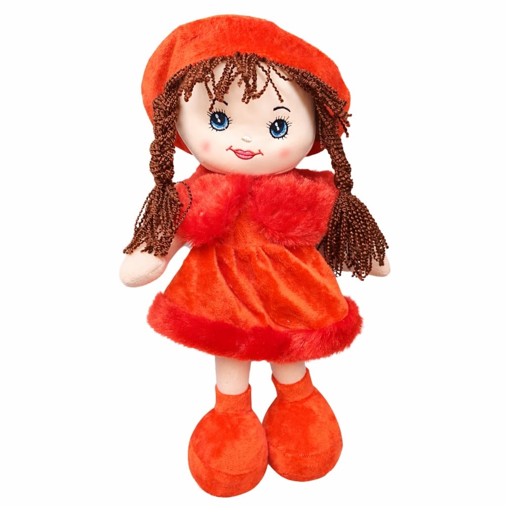 Papusa din material textil rosie- canta Bau Bau, 40cm