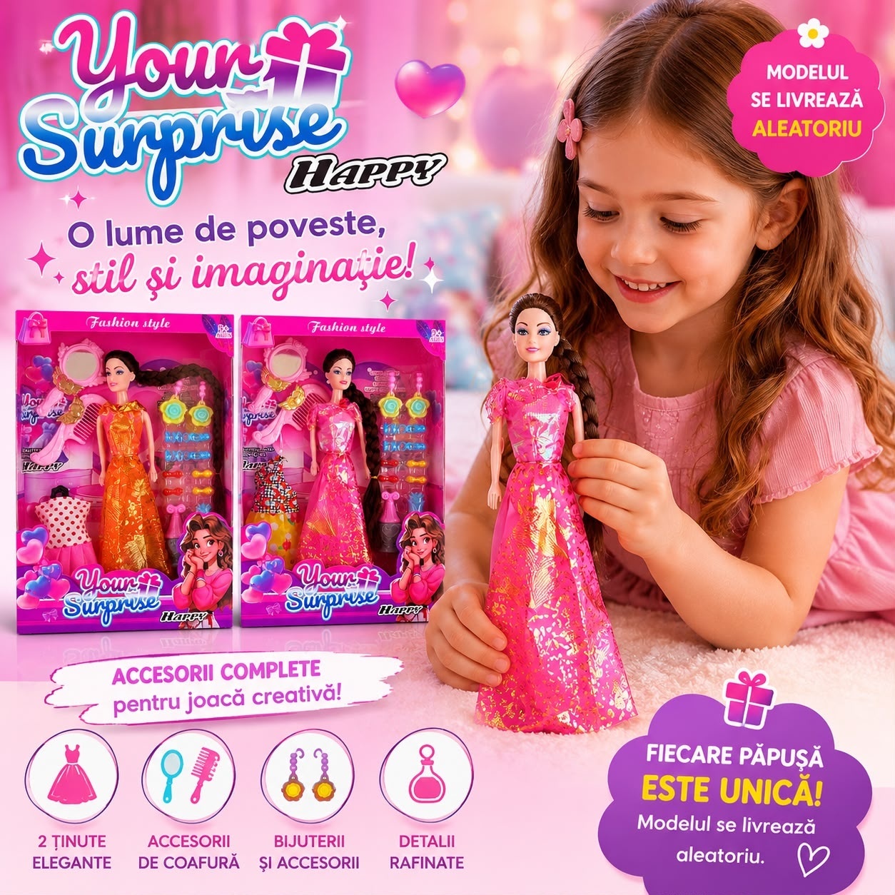 Păpușă Fashion Your Surprise Happy cu Accesorii și 2 Ținute, Model Aleatoriu – Jucărie pentru Fetițe 3