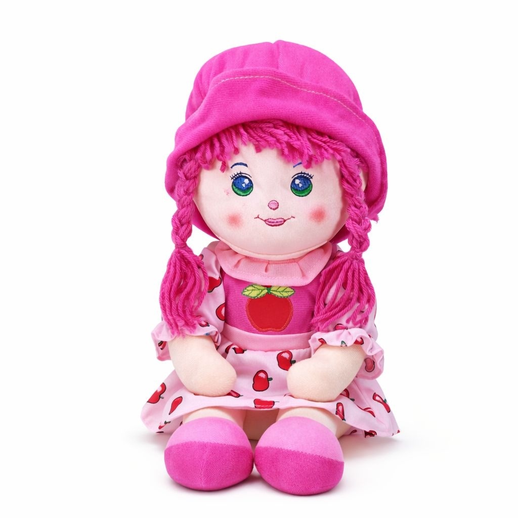 Papusa textila 38 cm, recita „Ingerasul”, rochie roz cu mere, jucarie copii +3 ani 3