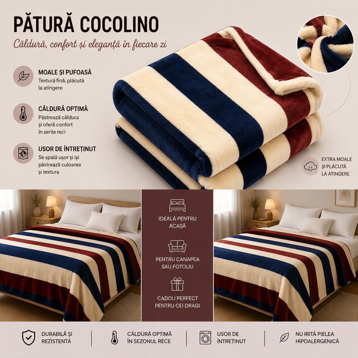 Patura Cocolino Pufoasa cu Dungi Colorate, 200x220 cm, Crem, Albastru si Bordo 2