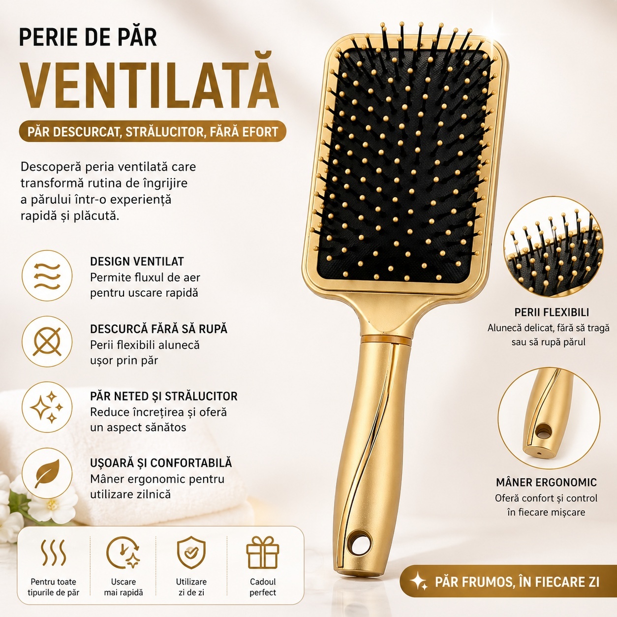 Perie de Păr Ventilată Aurie – Descurcare Ușoară și Uscare Rapidă 2