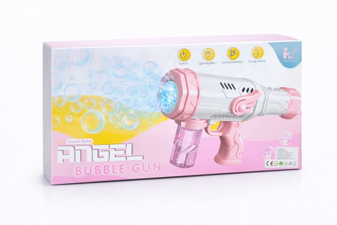 Pistol automat de facut baloane de sapun Angel Bubble Gun cu lumini si muzica, roz 2