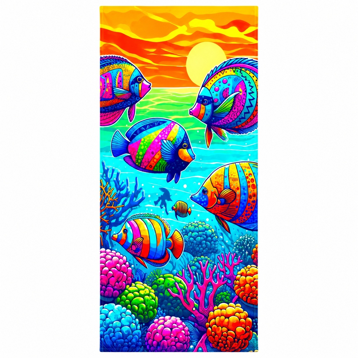 Prosop de plaja cu pesti tropicali multicolori Ocean Sunset, 70x140 cm 2