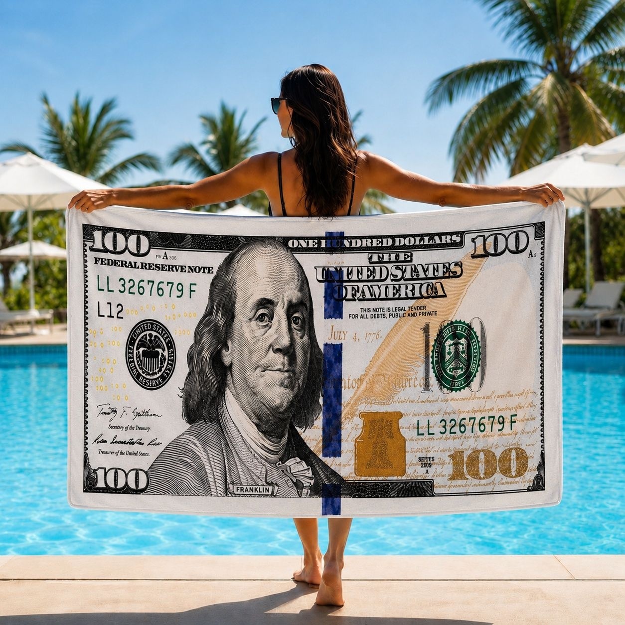 Prosop de Plajă Model Bancnotă 100 Dolari 88x180 cm – Design Original și Modern 3